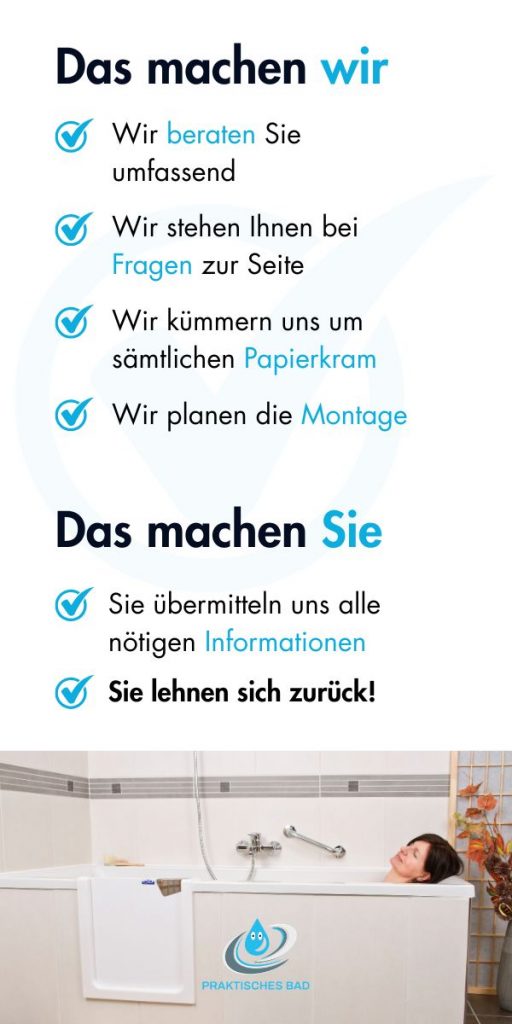 Eine Person entspannt in einer Badewanne, während Informationen über Dienstleistungen präsentiert werden. - Praktisches Bad
