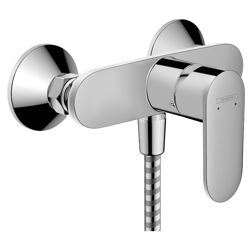 Moderne Wandarmatur aus verchromtem Material mit einem eleganten Design und einem flexiblen Schlauch. - Praktisches Bad