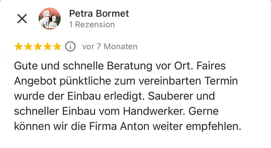 Positive Kundenbewertung zur Badewannentür und dem schnellen Einbau durch die Firma Anton. - Praktisches Bad