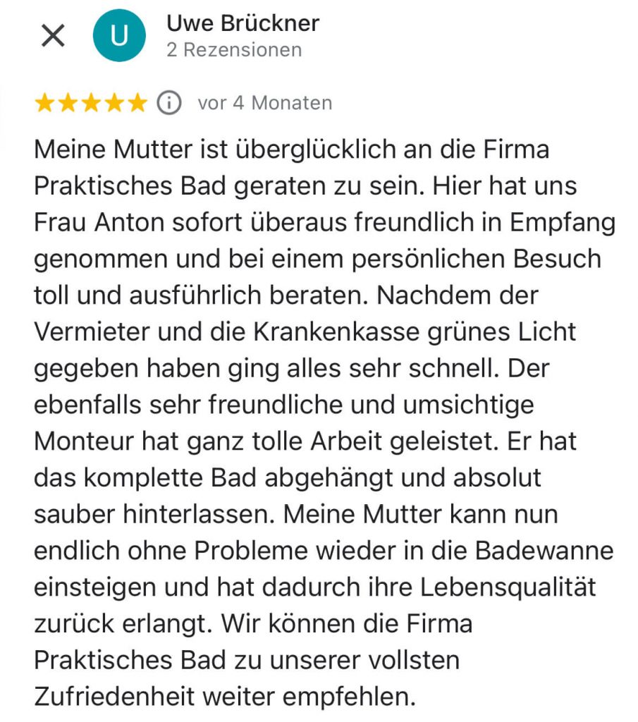 Kundenerfahrung mit Praktisches Bad, das eine Badewannentür installiert hat, um die Lebensqualität zu verbessern. - Praktisches Bad