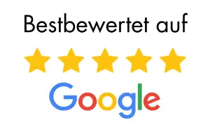 Grafik mit fünf goldenen Sternen und dem Text 'Bestbewertet auf Google'. - Praktisches Bad