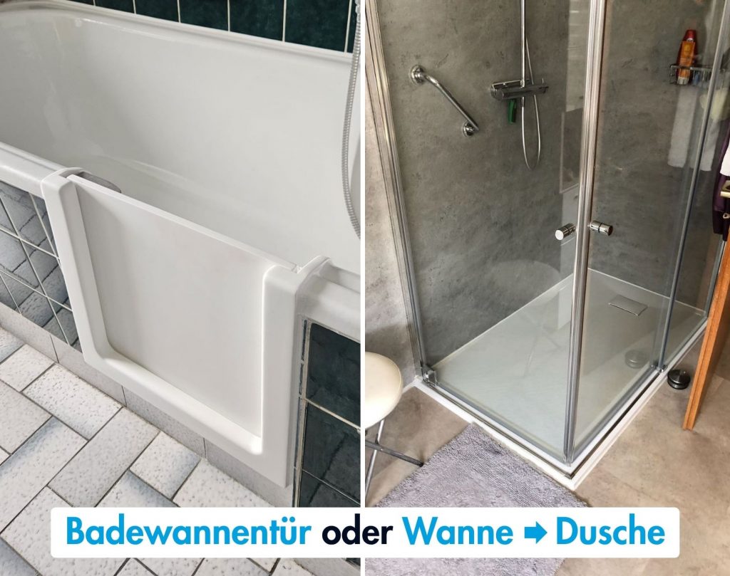 Ein Badezimmer mit einer Badewanne und einer Dusche, die durch eine Tür getrennt sind. Modernes Design und praktische Nutzung. - Praktisches Bad